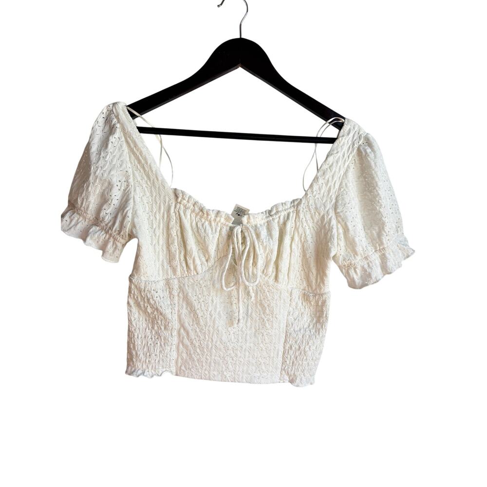 KIRIOUS LA Eyelet Smocked Peasant Crop Top Cream Puff Sleeve Medium